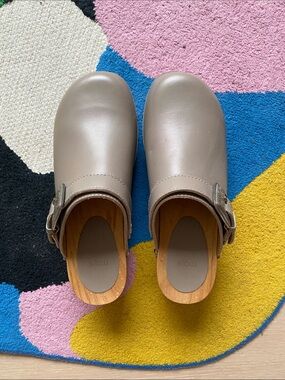 Maje Taupe Leather Clog with Buckle